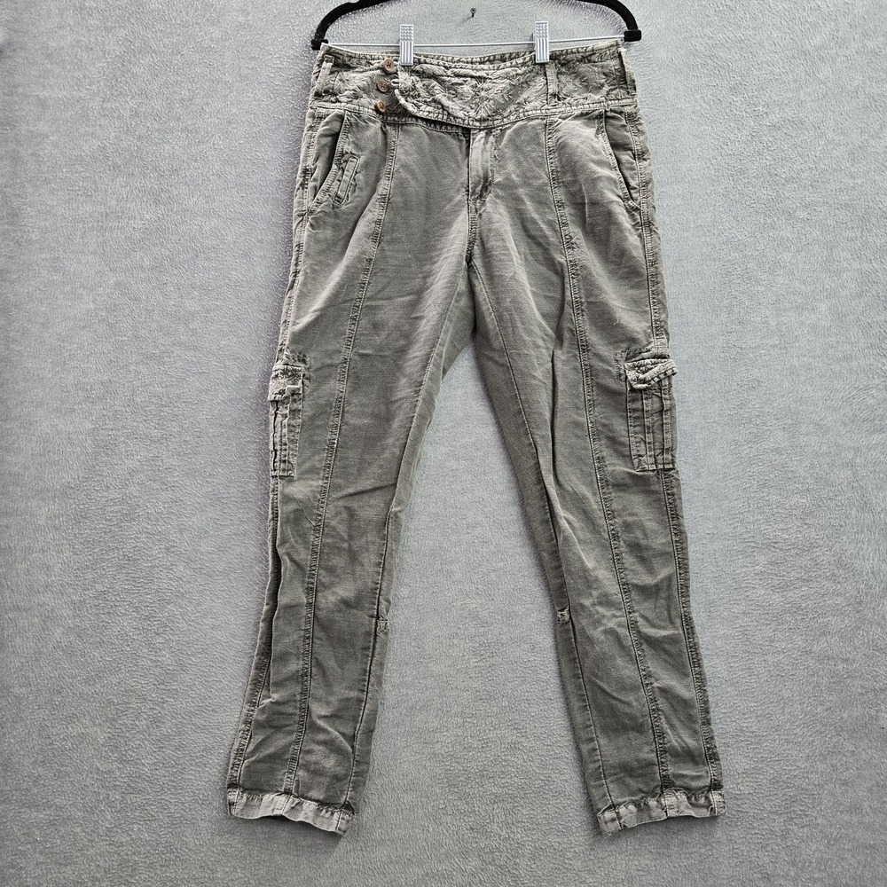 Sundance Women Pants 4 Gray Cotton Linen Cargo Button Embroidered Y2K